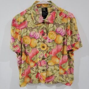 Dana B And‎ Karen Womens Silk Button Up Top Size 14 Fruit Print Colorful Citrus